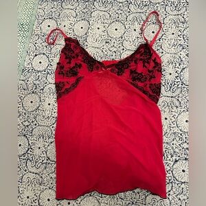 🥀 Vintage Madison Intimates Red Mesh Babydoll Camisole - Black Floral Lace